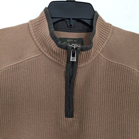 ORVIS Pullover Men's M Brown 1/4 Zip Ribbed Mock Neck Long Sleeve Cotton Sweater - Picture 2 of 10